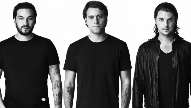 Black and white photo of Swedish House Mafia members Steve Angello, Sebastian Ingrosso and Axwell.