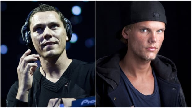 A side-by-side or split-screen image of Dutch DJ/producer Tiësto (real name Tijs Verwest) and Swedish DJ/producer Avicii (real name Tim Bergling).