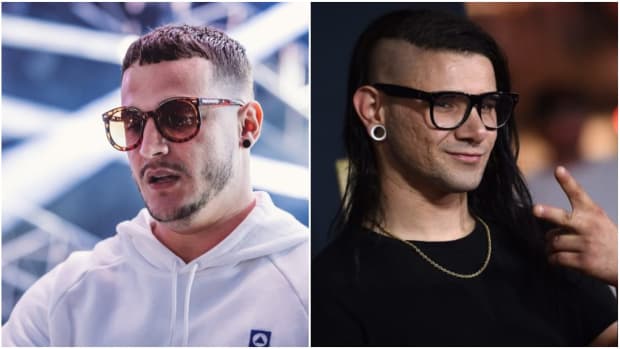 A side-by-side or split screen image of DJ/producers DJ Snake and Skrillex (left to right).