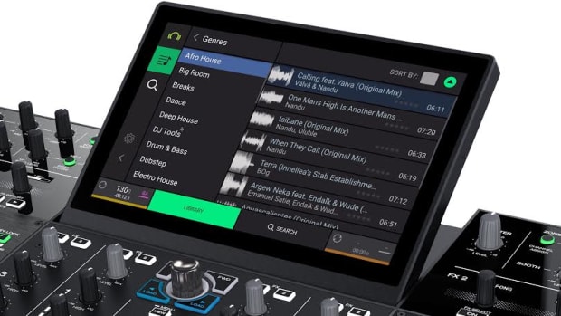 A photo of the display screen of a Denon DJ Mixer with the Beatport LINK integration.