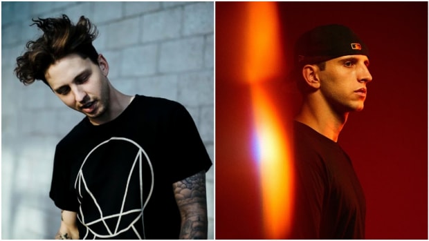 A side-by-side or split screen image of DJ/producers Ekali (real name Nathan Shaw) and Illenium (real name Nicholas D. Miller) from left to right.