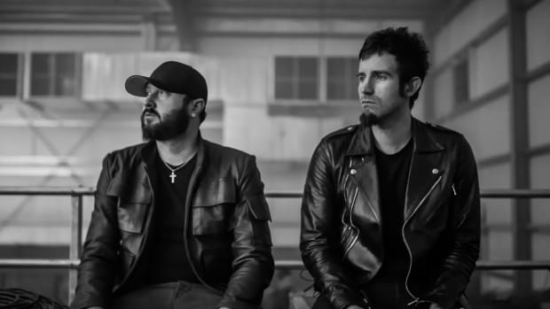 A black-and-white photo of Australian DJ/producer duo Knife Party courtesy of Rukes.