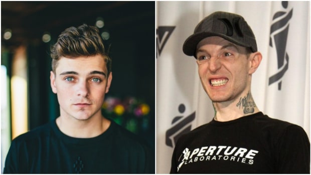 A split-screen image of Martin Garrix (real name Martijn Garritsen) and deadmau5 (real name Joel Zimmerman) from left to right.