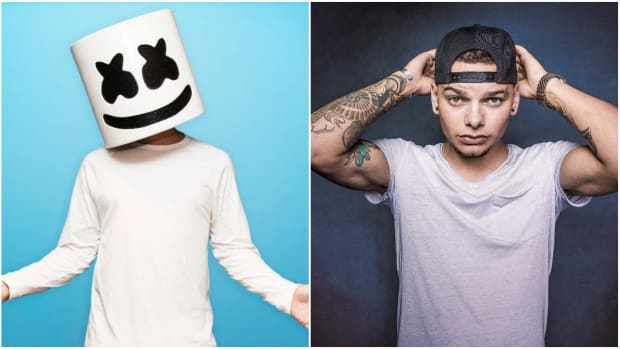 A split-screen image of anonymous EDM DJ/producer Marshmello and country singer Kane Brown.