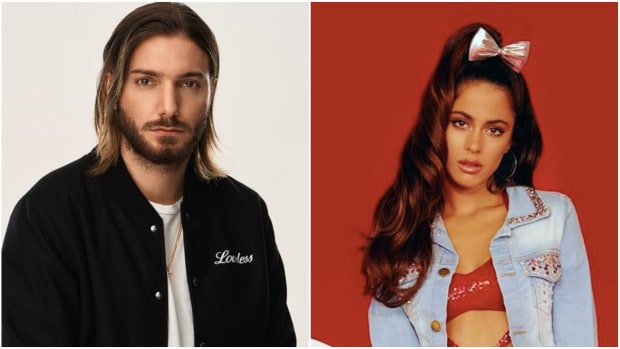 A split-screen photo of Swedish DJ/producer Alesso (real name Alessandro Lindblad) and TINI (real name Martina Stoessel).