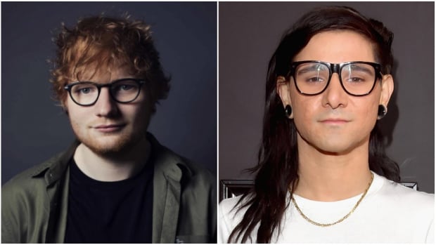 A split-screen image of Ed Sheeran and Skrillex (left to right).