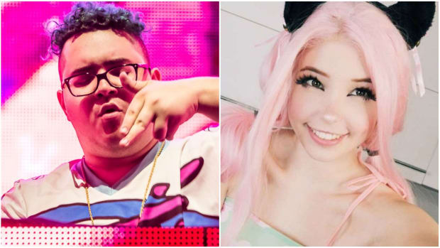 A split-screen image of DJ/producer Slushii (real name Julian Scanlan) and world-famous cosplayer Belle Delphine.