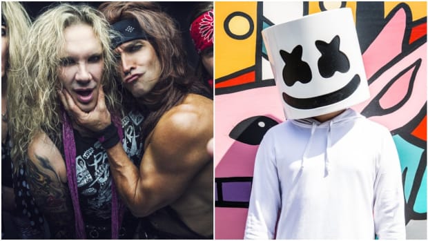 Glam metal band Steel Panther and EDM DJ/producer Marshmello in a split-screen image.