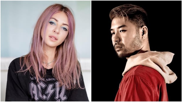 A split-screen image of DJ/producers Alison Wonderland (real name Alexandra Sholler) and Wax Motif (real name Danny Chien), both of whom will compete in the Fortnite World Cup Celebrity Pro-AM.