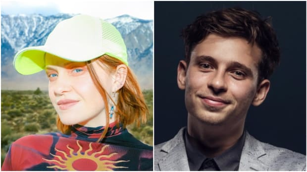 A split-screen or side-by-side image of KUČKA (real name Laura Lowther) and Flume (real name Harley Edward Streten).