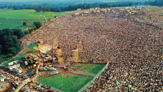 Overhead photo of 1969 music festival Woodstock.