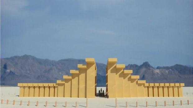 A computer graphics rendering of the Temple of Direction at the 2019 edition of Burning Man.
