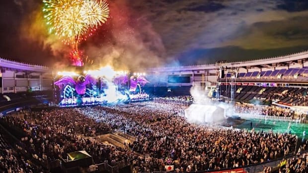 A panoramic photo taken at EDC Japan, Insomniac's Japanese iteration of its Electric Daisy Carnival event brand, with fireworks.