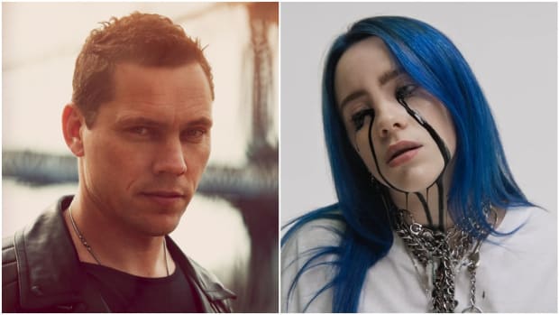 Tiesto and Billie Eilish with blue hair side-by-side head shots.