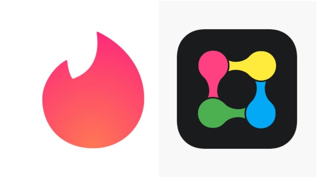 Tinder and Radiate dating app logos side by side.