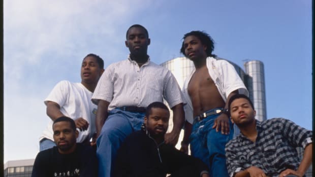 Techno 6 Photo by Norman Anderson L-R back row then front row: Derrick May, Kevin Saunderson, Blake Baxter, Eddie Fowlkes, Juan Atkins, Santonio Echols