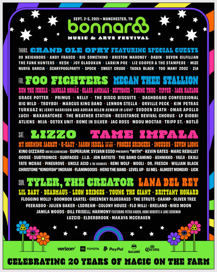 Flyer for the 2021 edition of Bonnaroo, which will feature performances from Foo Fighters, Megan Thee Stallion, Lizzo, Tame Impala, and many more.