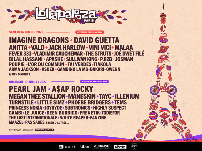 Lollapalooza Paris 2022 lineup featuring David Guetta, ILLENIUM, Pearl Jam, Megan Thee Stallion and more.