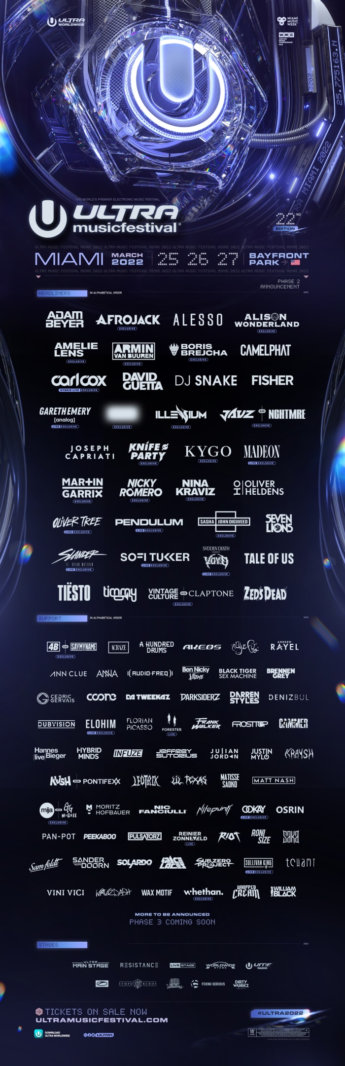 Ultra Music Festival 2022 lineup featuring DJ Snake, Armin van Buuren, Kygo, Martin Garrix, and more.
