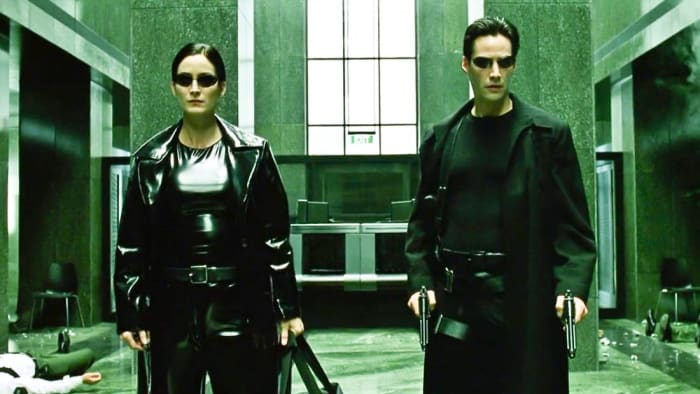 Carrie Ann Moss and Keanu Reeves in the 1999s "The matrix."