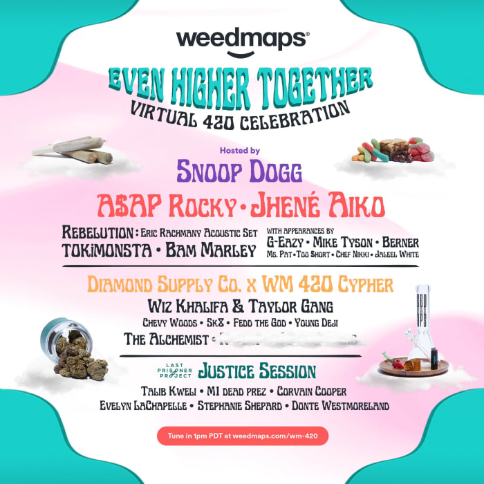 The lineup for Snoop Dogg's "Even Higher Together Virtual 420 Celebration" features TOKiMONSTA, A$AP Rocky, Jhené Aiko, Mike Tyson and G-Eazy, among others.