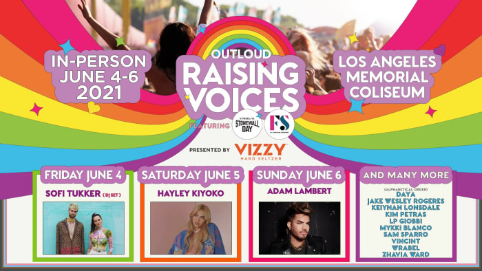 Flyer for OUTLOUD's "Raising Voices" event with SOFI TUKKER, Adam Lambert, Hayley Kiyoko and more.