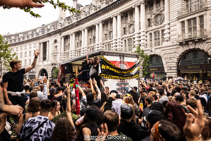 Protesters gather at Save Our Scene's #FreedomToDance event in London.