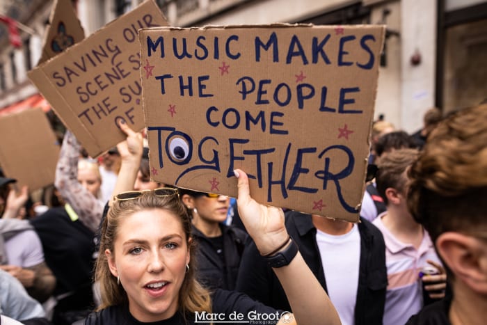 Protesters gather at Save Our Scene's #FreedomToDance event in London.