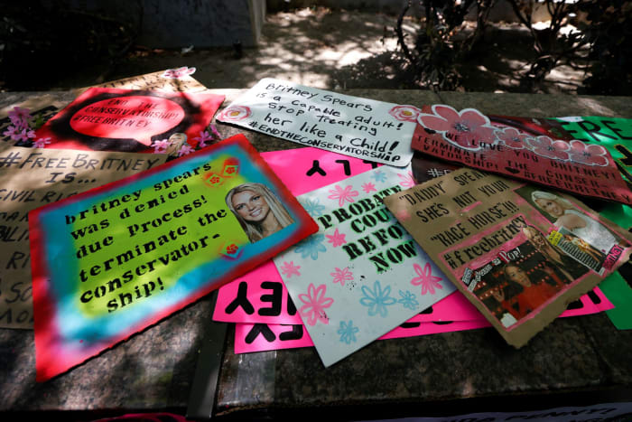 Signs from a #FreeBritney march on June 23rd, 2021 in protest of Britney Spears' conservatorship.