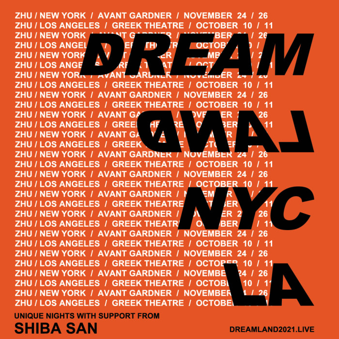 Flyer for ZHU's 2021 headlining gigs at Brooklyn Mirage in New York and the Greek Theatre in Los Angeles.