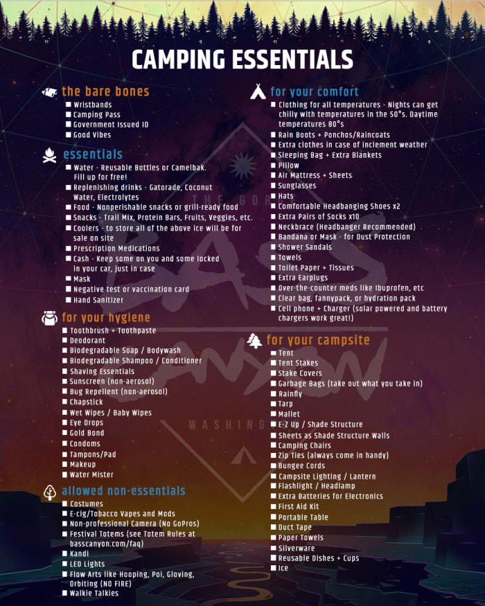 Bass Canyon Camping List