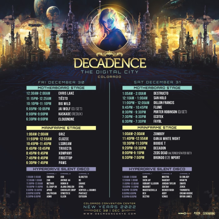 Set times and schedule for the 2022 Decadence NYE festival in Downtown Denver.