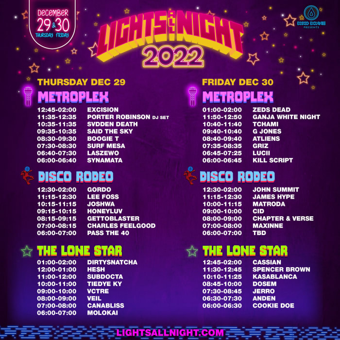 Set times and schedule for the 2022 Lights All Night festival in Dallas, Texas.