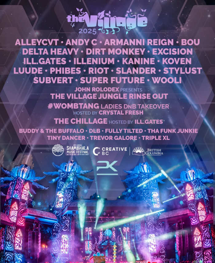 The Village Stage 2025 Lineup for the 26th Annual Edition of Shambhala Music Festival.