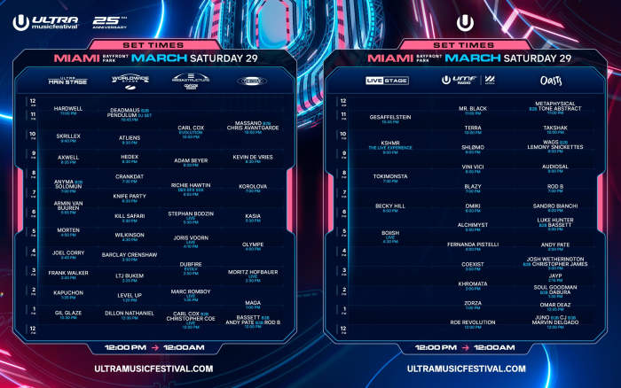 The second day of Ultra Music Festival 2025 will feature Skrillex, Hardwell, deadmau5 b2b Pendulum, Carl Cox, Gesaffelstein, Axwell and more.