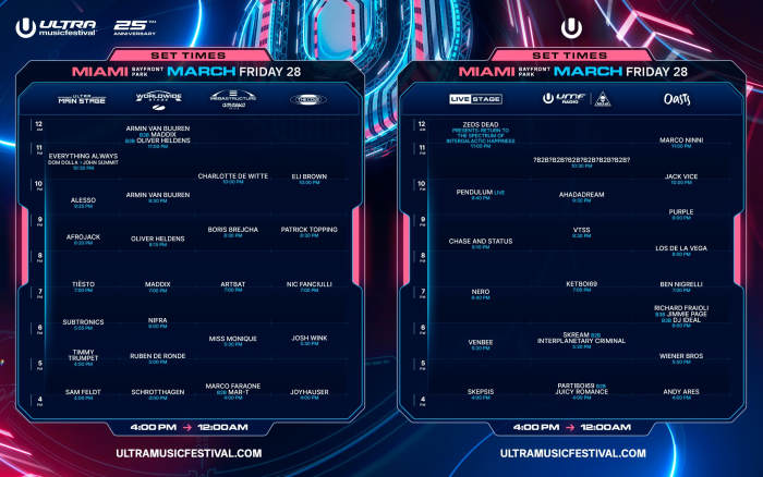 The first day of Ultra Music Festival 2025 will feature John Summit and Dom Dolla, Alesso, Charlotte de Witte, Afrojack, Armin van Buuren, Tiësto, Subtronics and more.