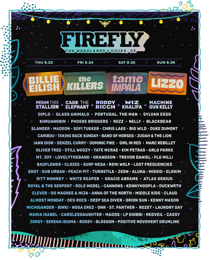 Flyer for the 2021 edition of Firefly Music Festival, which will feature headliners Billie Eilish, The Killers, Tame Impala, and Lizzo.