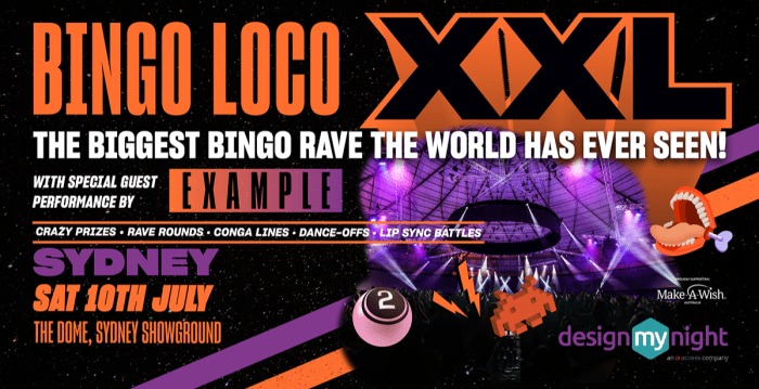 Flyer for Bingo Loco XXL, the "World's Biggest Bingo Rave" featuring iconic English artist Example.