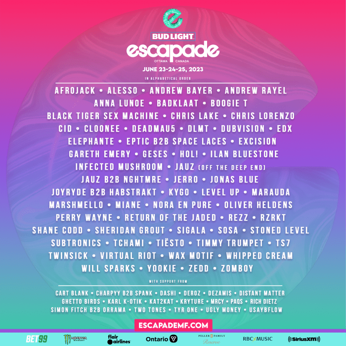 The 2023 lineup for Escapade Music Festival features deadmau5, Tiësto, Kygo, Marshmello and more.