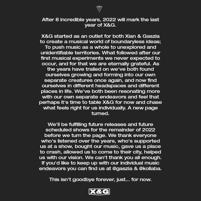 Statement shared by X&G announcing their split.