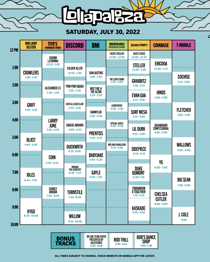 Lollapalooza 2022 ตั้งเวลา: วันเสาร์ที่ 30 กรกฎาคม