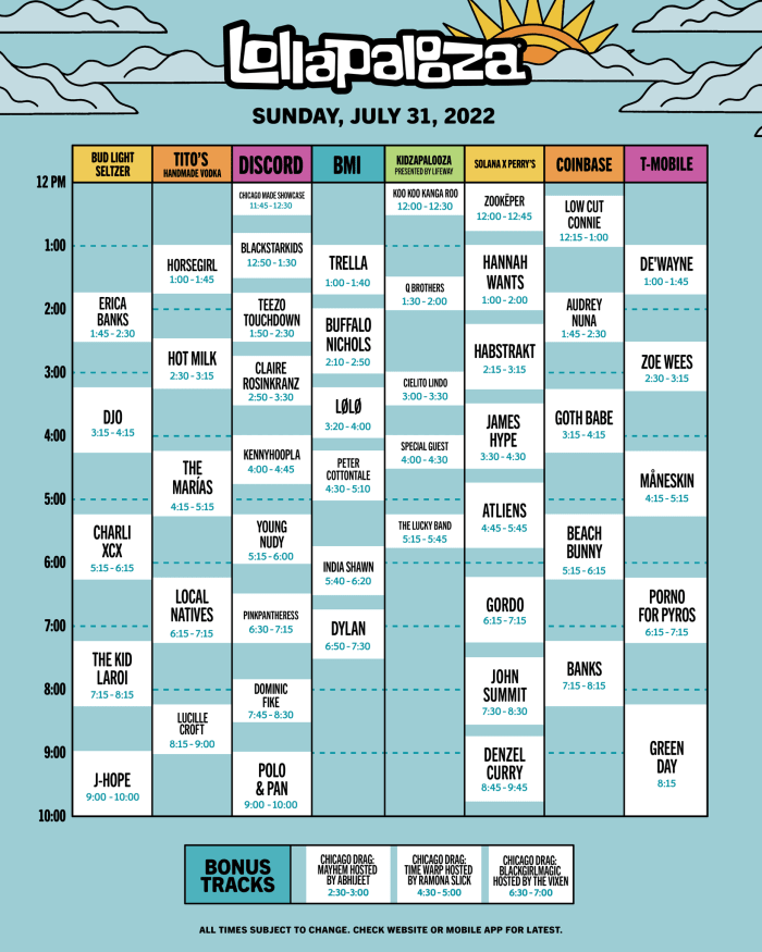 Lollapalooza 2022 ตั้งเวลา: อาทิตย์ 31 กรกฎาคม
