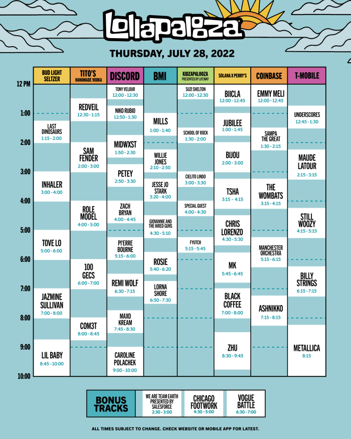 Lollapalooza 2022 set times: Thursday, July 28th.