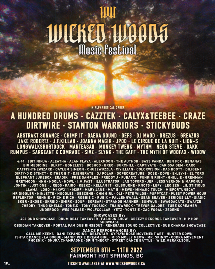 Flyer for Wicked Woods Music Festival September 8th - 11th, 2022. 