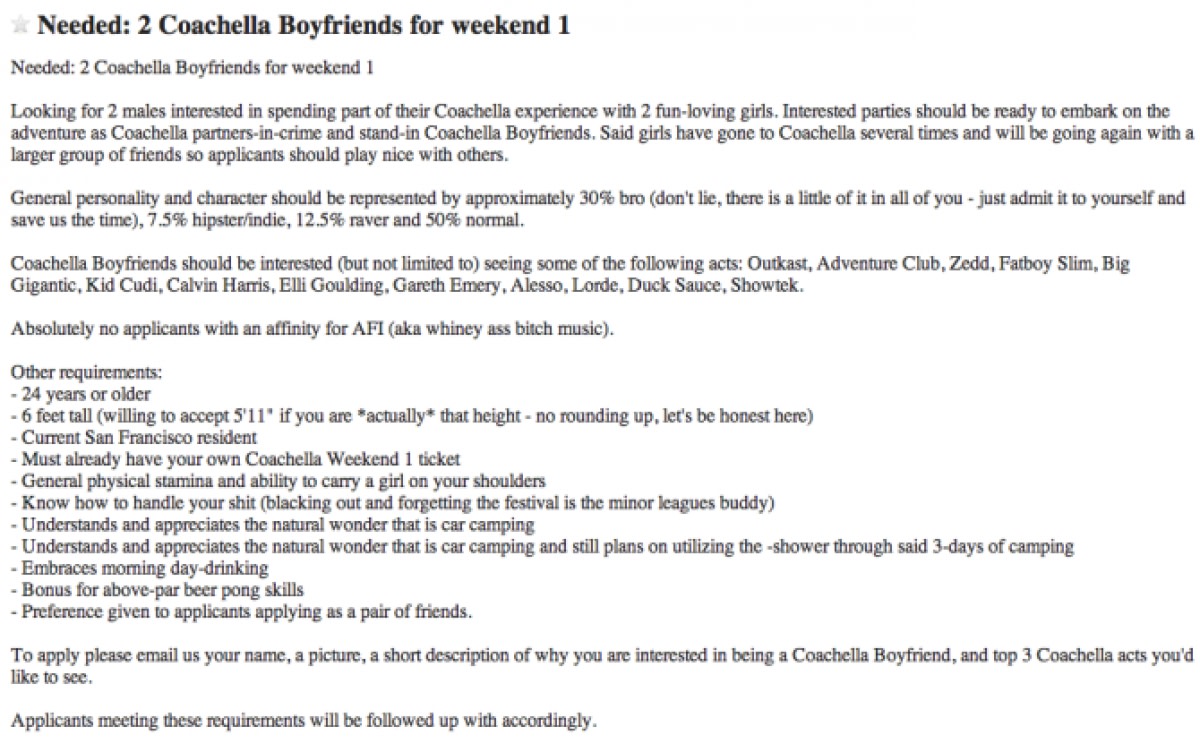Craigslist Ad: Coachella Boyfriend Needed