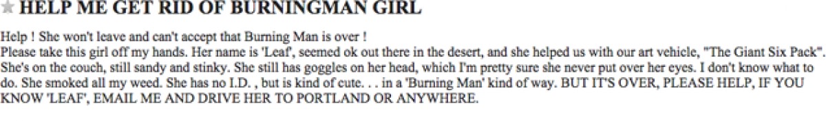 Craiglist Ad: Adopt a Burner (Burning Man)