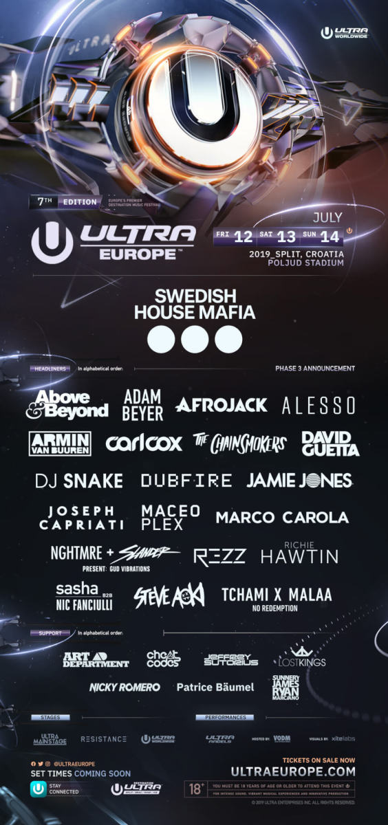 The phase 3 lineup announcement flyer for the 2019 edition of Ultra Europe in Split, Croatia.