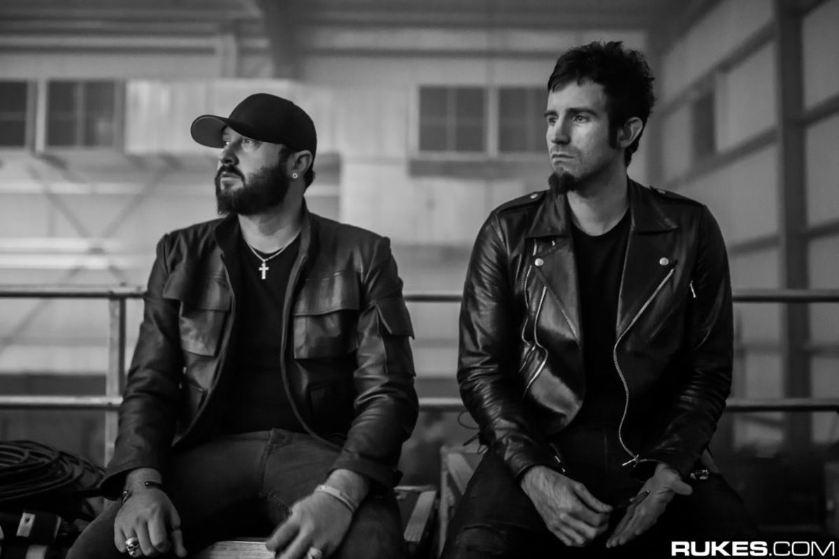A black-and-white photo of Australian DJ/producer duo Knife Party courtesy of Rukes.