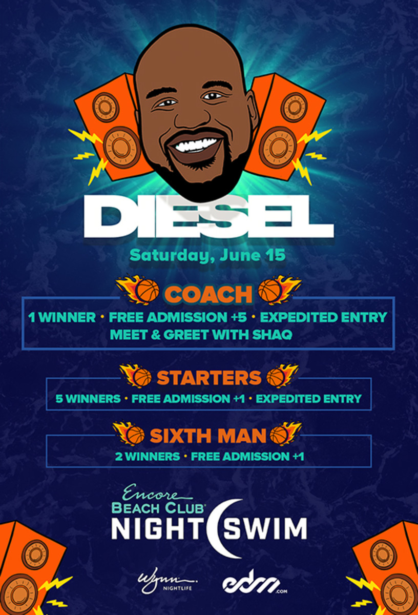 Artwork for the Shaq/Shaquille O'Neal/DJ Diesel Encore Beach Club Summer League tour giveaway.