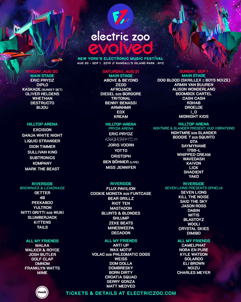 The lineup by day for Electric Zoo: Evolved, the 2019 iteration of the New York EDM festival.